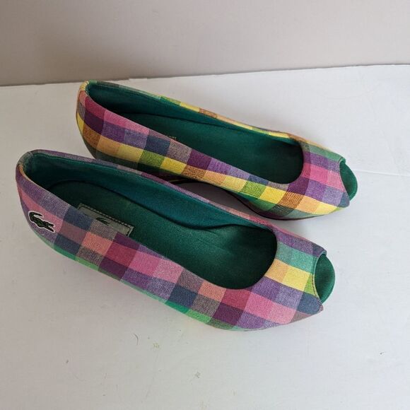Lacoste Madras Plaid Wedge Peep Toe Shoes – Size 5 - Picture 2 of 10